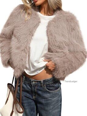 Fluffy Faux Fur Cropped Coat with Hooks & Pockets